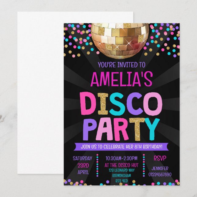 Disco Party Geburtstag Einladung (Vorne/Hinten)