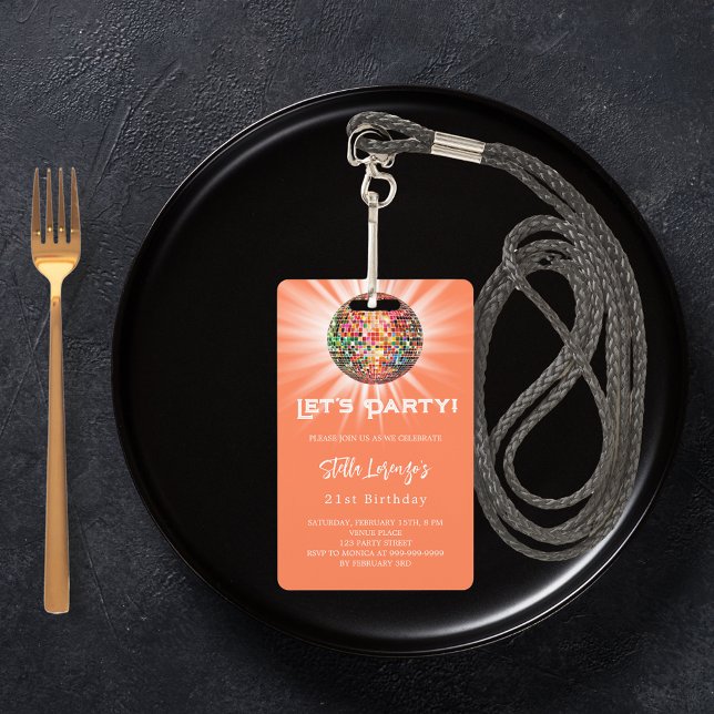Disco Party Korallenorange Einladung zum Geburtsta Ausweis (Von Creator hochgeladen)