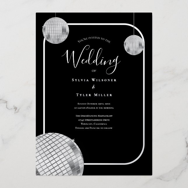 Disco Retro Black Silver Wedding Folieneinladung (Vorderseite)