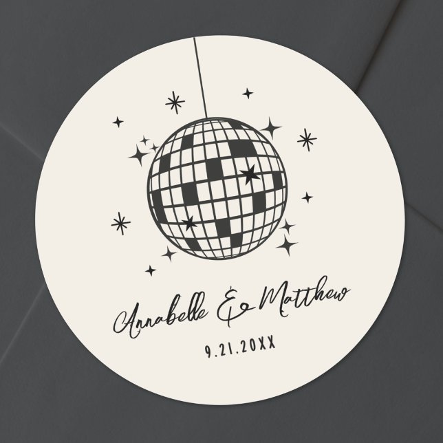 Disco Retro Handgezeichnete Hochzeit Runder Aufkleber (Disco Retro Hand Drawn Wedding Classic Round Sticker)