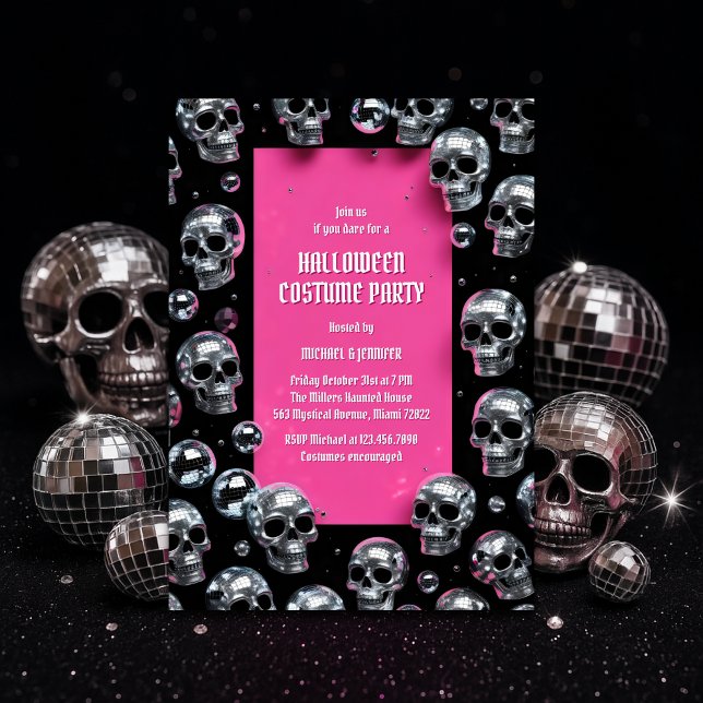 Disco Skull Pink Glam Halloween Party Einladung (Disco Skull Pink Halloween Costume Party – Glam Spooky Chic)