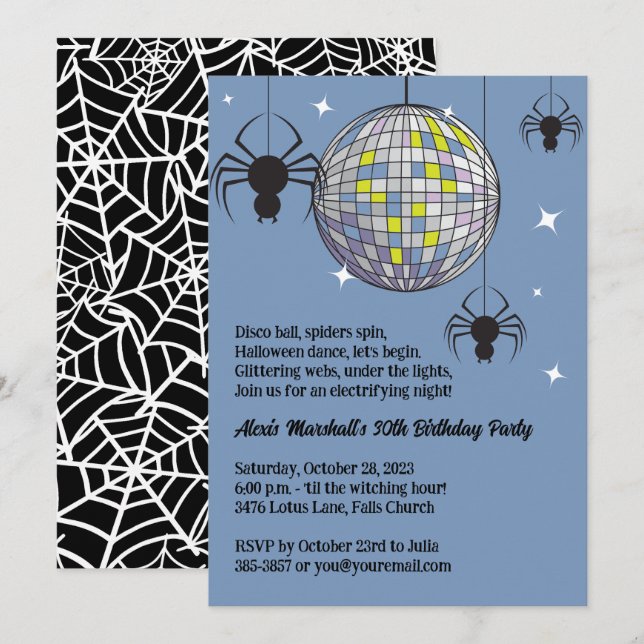 Disco Spiders Halloween Blue Retro Kostüme Party Einladung (Vorne/Hinten)
