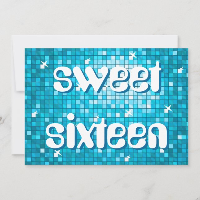 Disco Tiles Blue '16 . Geburtstag' amelia text Einladung (Vorderseite)