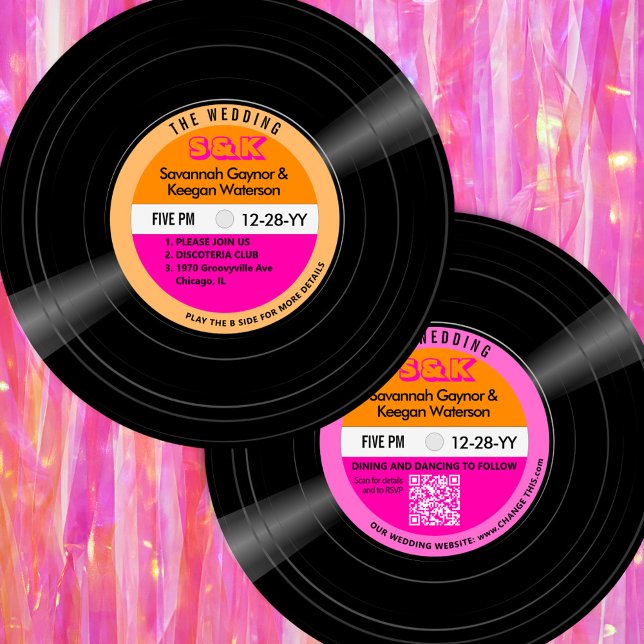 Disco Vinyl Record Rosa Streifen Hochzeit Einladung (Disco Bold Hot Pink and Orange Vinyl record Wedding Invitation)