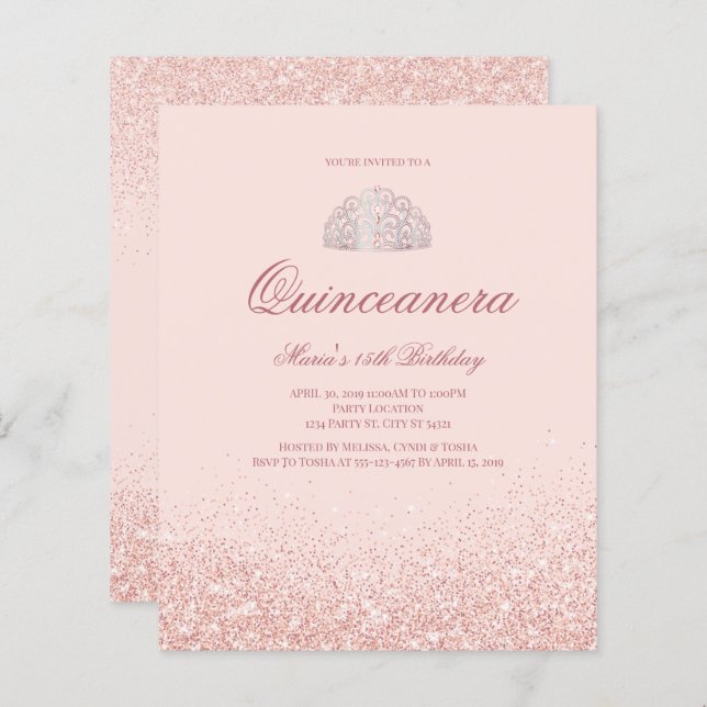 Discount Rose Gold Glitzer Quinceanera Einladung (Vorne/Hinten)