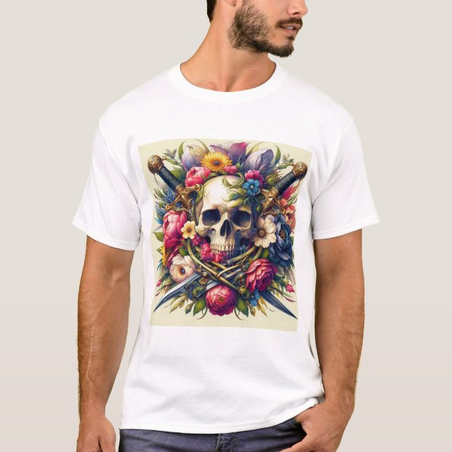 Diseño de Calaveras, Flores y Espadas  T-Shirt (Vorderseite)