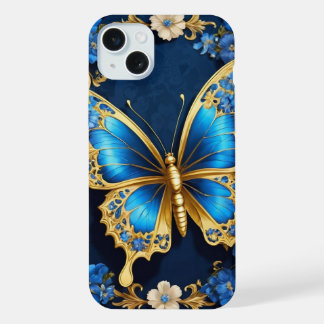 Diseño Elegante de Mariposa Dorada y Azul iPhone 15 Plus Hülle