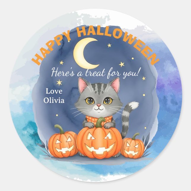 Diseño halloween gato y calabazas personalizable   runder aufkleber (Vorderseite)