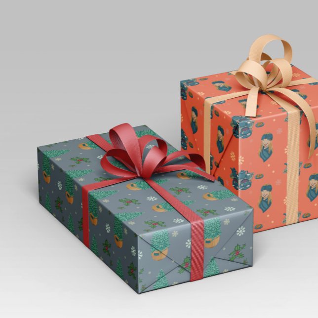 Diseño navideño con árbol, copos nieve y acebo. geschenkpapier (Von Creator hochgeladen)