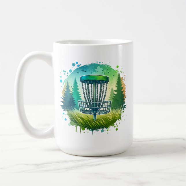 Disk Golf Basket und Pine Trees Blau und Grün Kaffeetasse (Links)