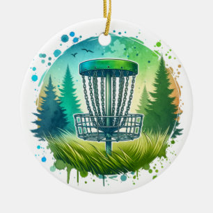Disk Golf Basket und Pine Trees Blau und Grün Keramik Ornament