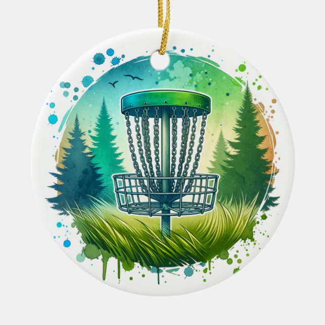 Disk Golf Basket und Pine Trees Blau und Grün Keramik Ornament (Vorne)