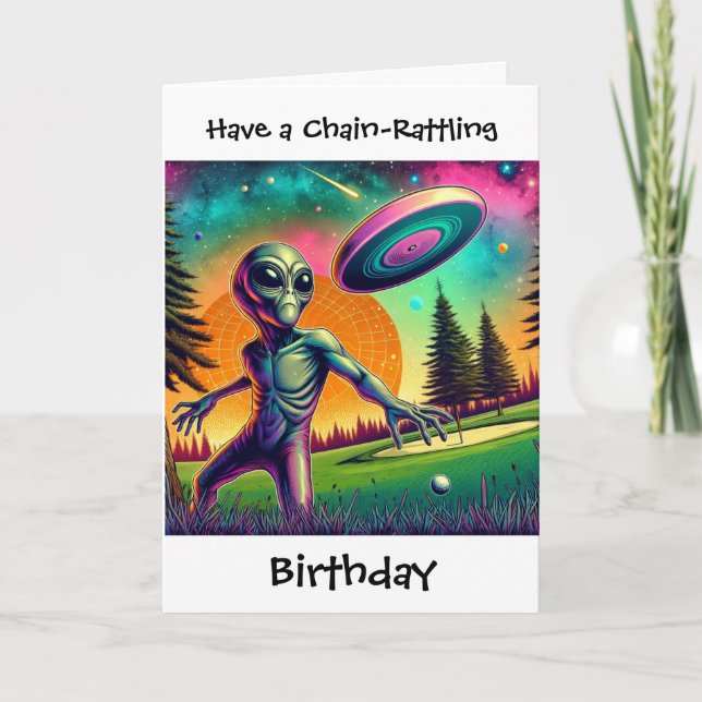 Disk Golfing Alien Funny Pun Geburtstag Karte (Vorderseite)
