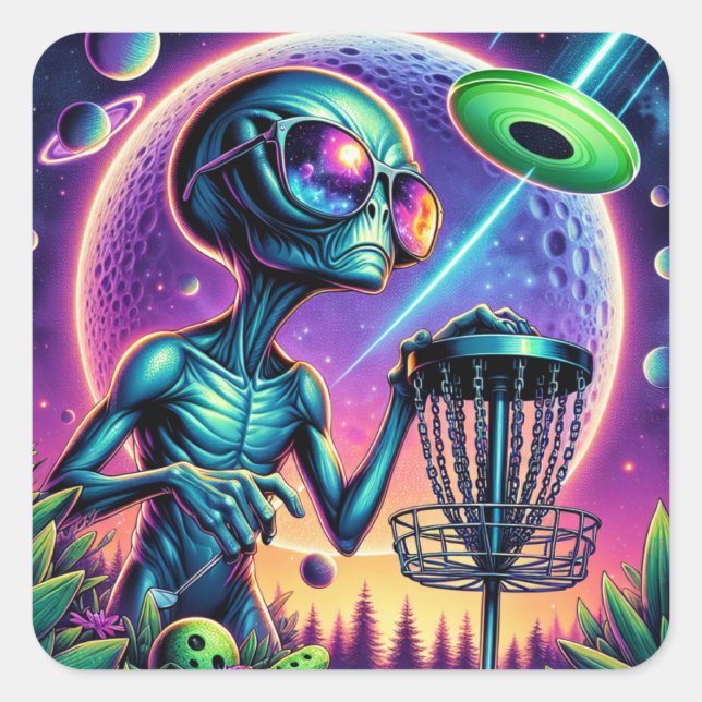 Disk Golfing Alien Quadratischer Aufkleber (Vorderseite)