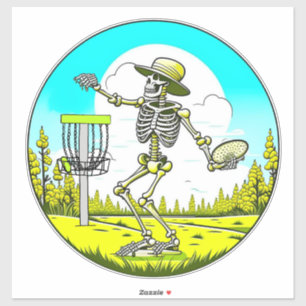 Disk Golfing Skeleton in Hat Retro Aufkleber