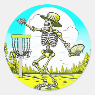 Disk Golfing Skeleton in Hat Retro Runder Aufkleber