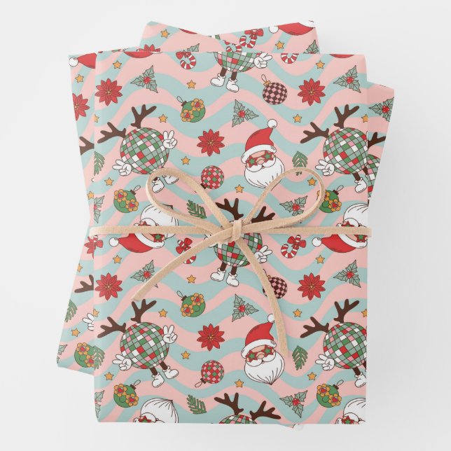 Diskothek Santa und Reindeer Urlaubsmuster Geschenkpapier Set (Beispiel)