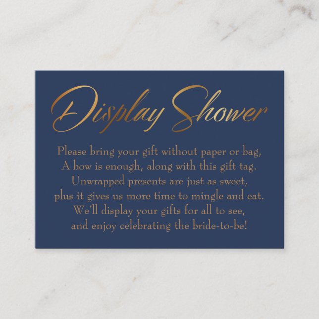 Display Shower Elegantes Gold Script auf Navy Card Begleitkarte (Vorderseite)
