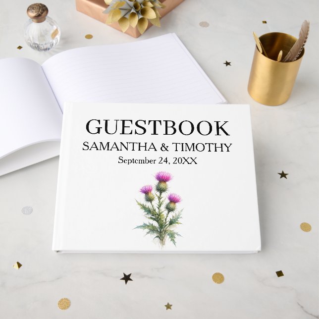 Distel Schottische Aquarell-Blumenhochzeit Gästebuch (Vorderseite Offen)