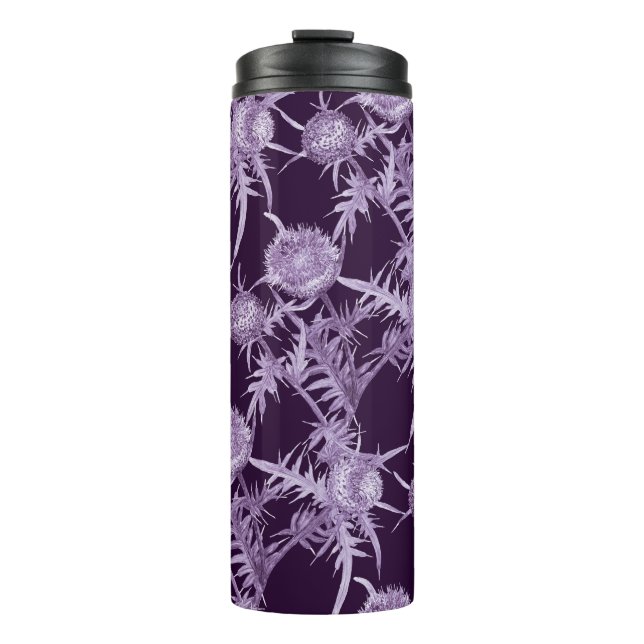 Distel violettes Blumenmuster Thermosbecher (Vorderseite)