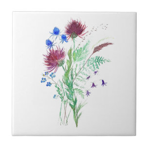 Distelblüten Vintage-Aquarell Schottland Fliese