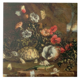 Disteln, Blumen, Reptilien und Schmetterlinge dazu Fliese