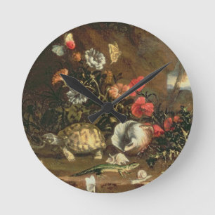 Disteln, Blumen, Reptilien und Schmetterlinge dazu Runde Wanduhr