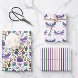 Disteln, Libellen und Streifen Geschenkpapier Set