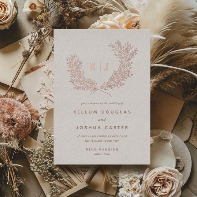 Distinguierte Monogramm-HochzeitGold-Rose Folieneinladung (Distinguished monogram laurels rose gold foiled wedding invitations.)