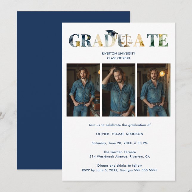 Distinguished Navy Blue Grad Law 3-Photo Layout Einladung (Vorne/Hinten)