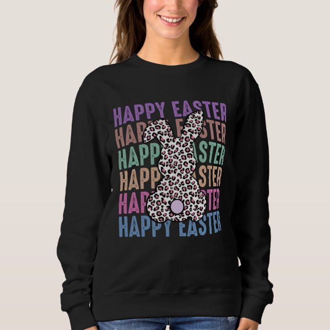 Distress Bunny Leopard Print Girls Women Happy Eas Sweatshirt (Vorderseite)