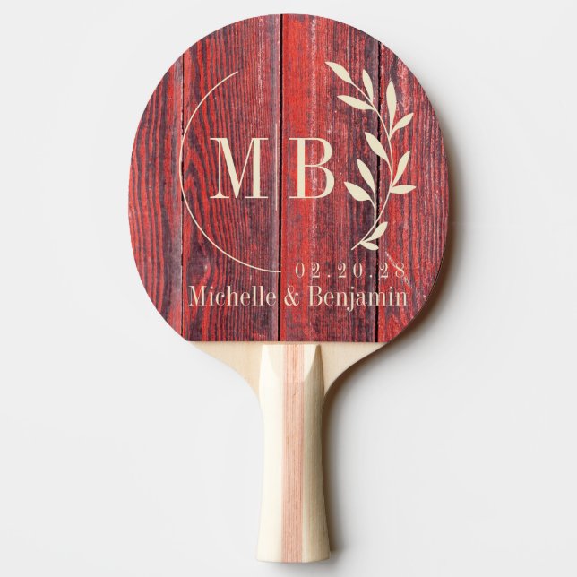 Distressed Barn Boards Leaf Wedding Monogram Tischtennis Schläger (Rückseite)