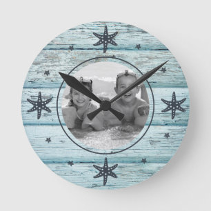 Distressed Blue Beach Wood Starfish Photo Runde Wanduhr