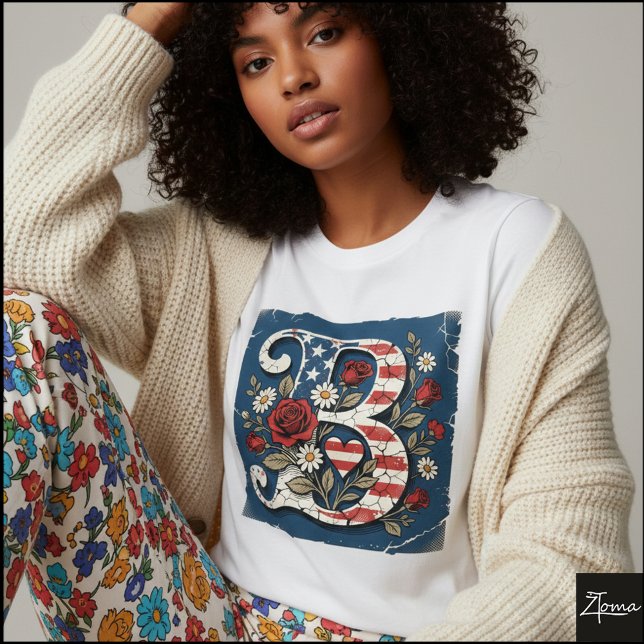 Distressed Flag Letter B Floral Monogram T-Shirt (Sample design. Several style are available to choose from, with the option to add a name & color.
)