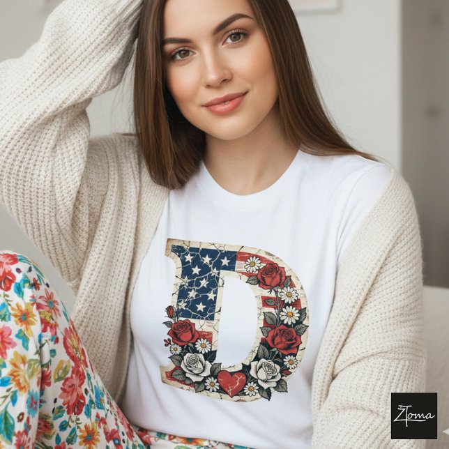 Distressed Flag Letter D Floral Monogram T-Shirt (Sample design. Several style are available to choose from, with the option to add a name & color.
)