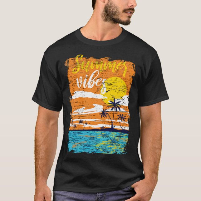 Distressed Summer Vibes Retro Sunset Beach Palm Tr T-Shirt (Vorderseite)