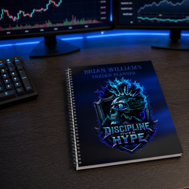 Disziplin statt Hype Blaues Glühen Bitcoin Krypto  Planer (Personalized Trader Planner with Discipline Over Hype Illustration)