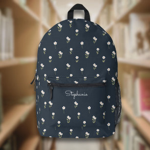 Ditsy-Blumen-Boho-Wildblume-Dunkelblau-Name Bedruckter Rucksack