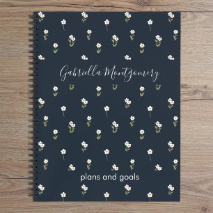Ditsy-Blumen-Boho-Wildblume-Dunkelblau-Name-Text Notizbuch