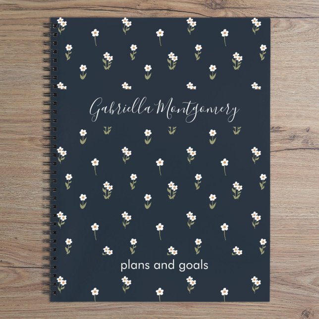 Ditsy-Blumen-Boho-Wildblume-Dunkelblau-Name-Text Notizbuch (Von Creator hochgeladen)
