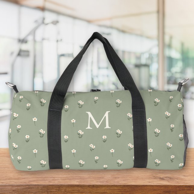 Ditsy-Blumen-Boho-Wildblumen-Sagegrün-Monogramm Duffle Bag (Von Creator hochgeladen)