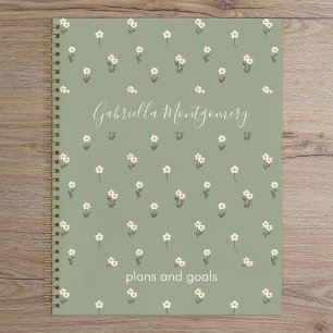 Ditsy-Blumen-Boho-Wildblumen-Sagegrün-Name-Text Notizbuch