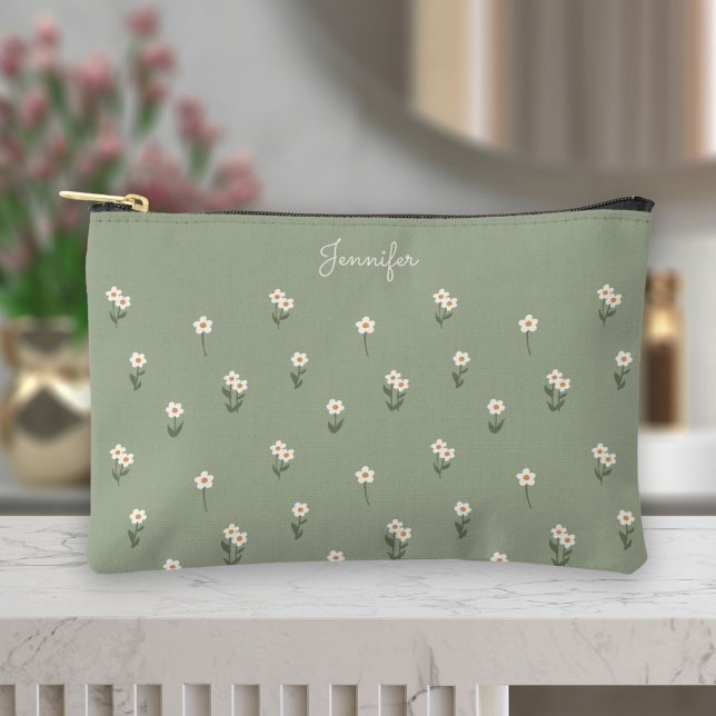 Ditsy Floral Boho Wildflower Sage Green Name Zubehörtasche (Von Creator hochgeladen)