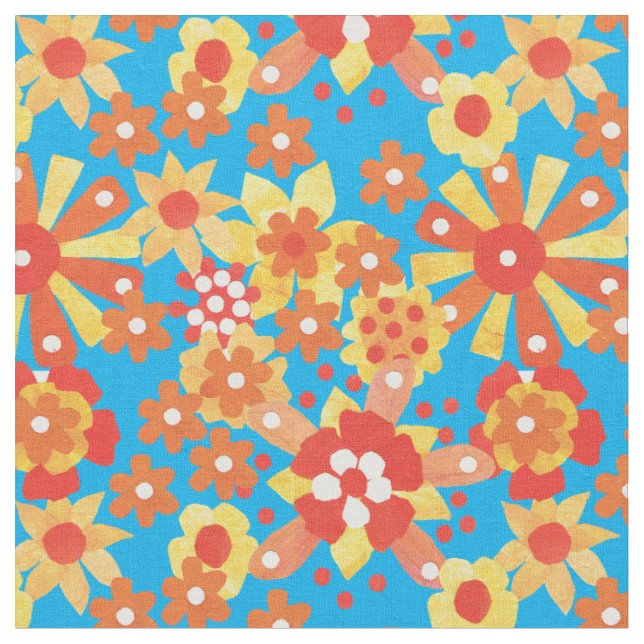 Ditsy Orange Blumenmuster auf türkisfarbenem Stoff (Nahaufnahme)
