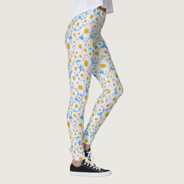 Ditsy White Daisies Muster auf Blau zu individuali Leggings (Rechts)