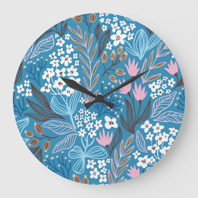 Ditzy Floral: Vintages Federdesign. Große Wanduhr (Vorderseite)