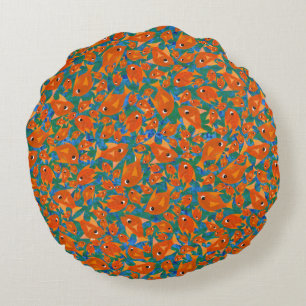 Ditzy Orange Fish on Green and Blue Round Pillow Rundes Kissen