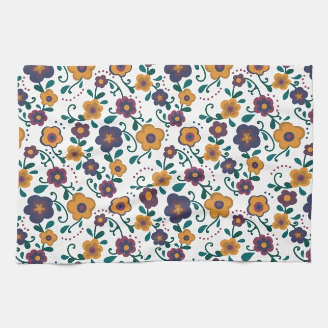 Ditzy Retro Daisy aus den 70er Jahren in Jewel Ton Geschirrtuch (Horizontal)