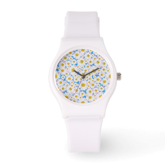 Ditzy White Daisis on Blue Custom Sporty Watch Armbanduhr (Vorderseite)