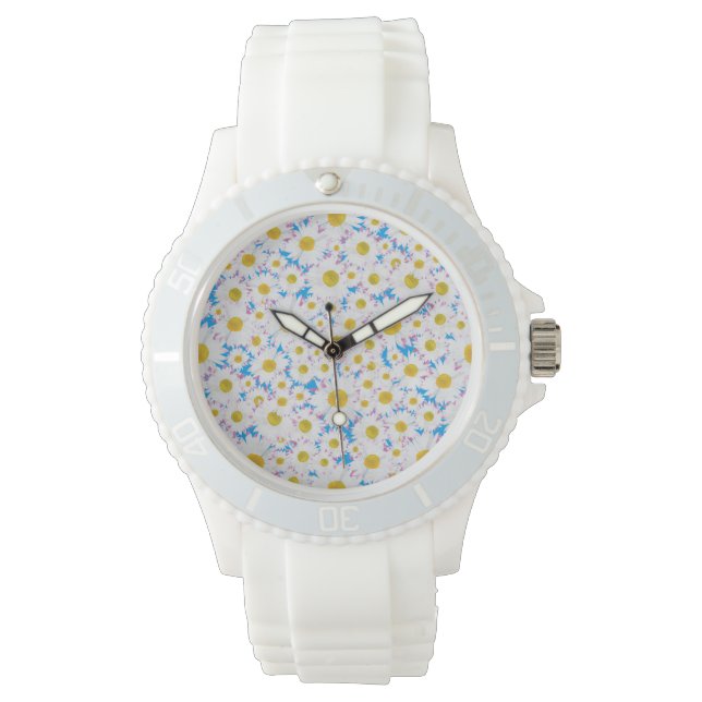 Ditzy White Daisis on Blue Custom Sporty Watch Armbanduhr (Vorderseite)
